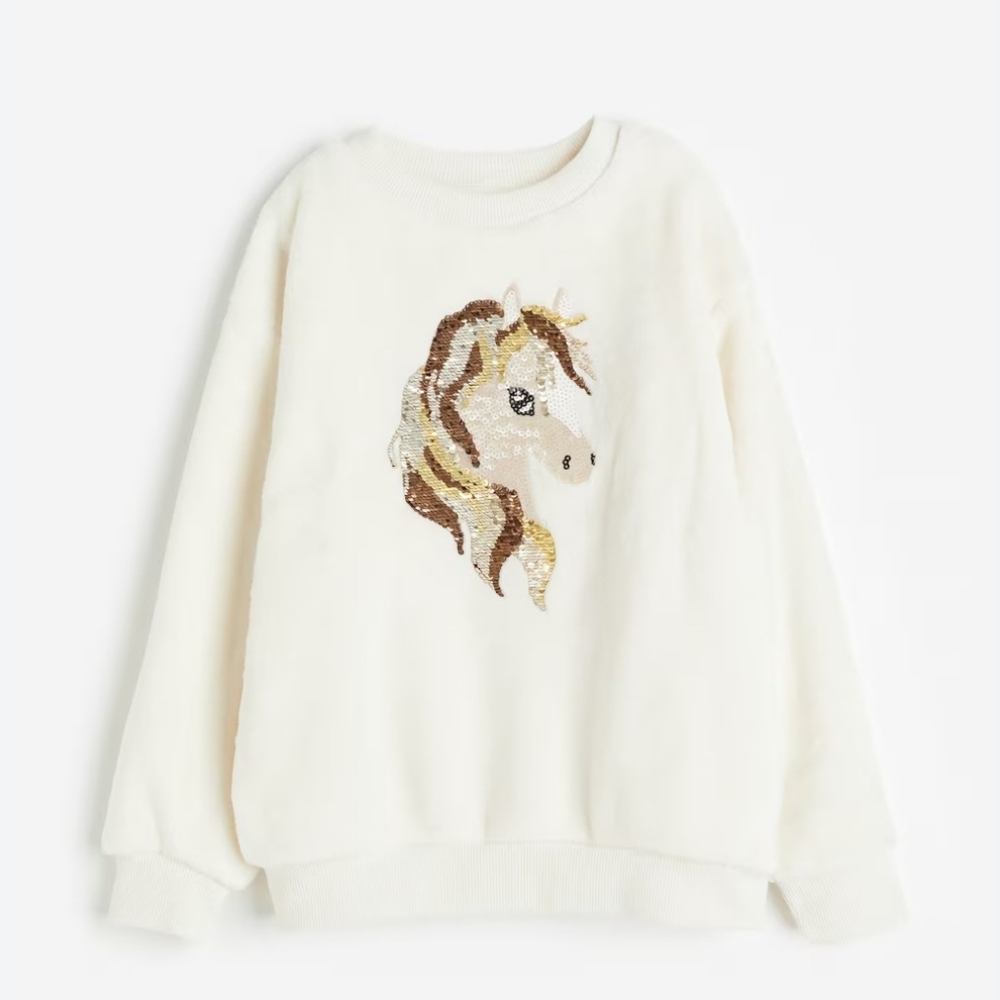 H&M Girls Unicorn Sequin Sweatshirt Cream Size 6/7